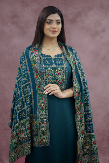 Deep Teal Green Cotton Embroidered Kurta Pant Set with Dupatta - Ashoka Threads