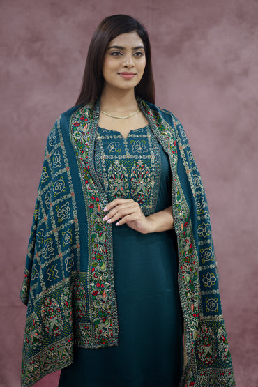 Deep Teal Green Cotton Embroidered Kurta Pant Set with Dupatta - Ashoka Threads