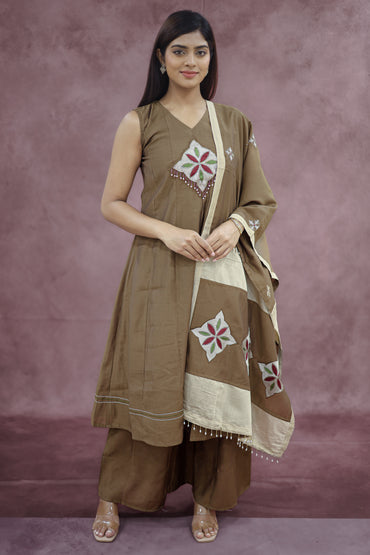 Olive Brown Cream Cotton Kurta Pant Set with Dupatta - Ashoka Threads