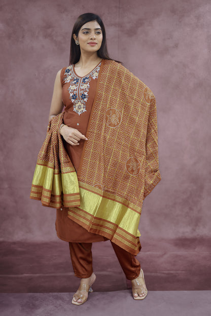 Rust Orange Cotton Sleeveless Kurta Pant Set with Dupatta - Ashoka Threads