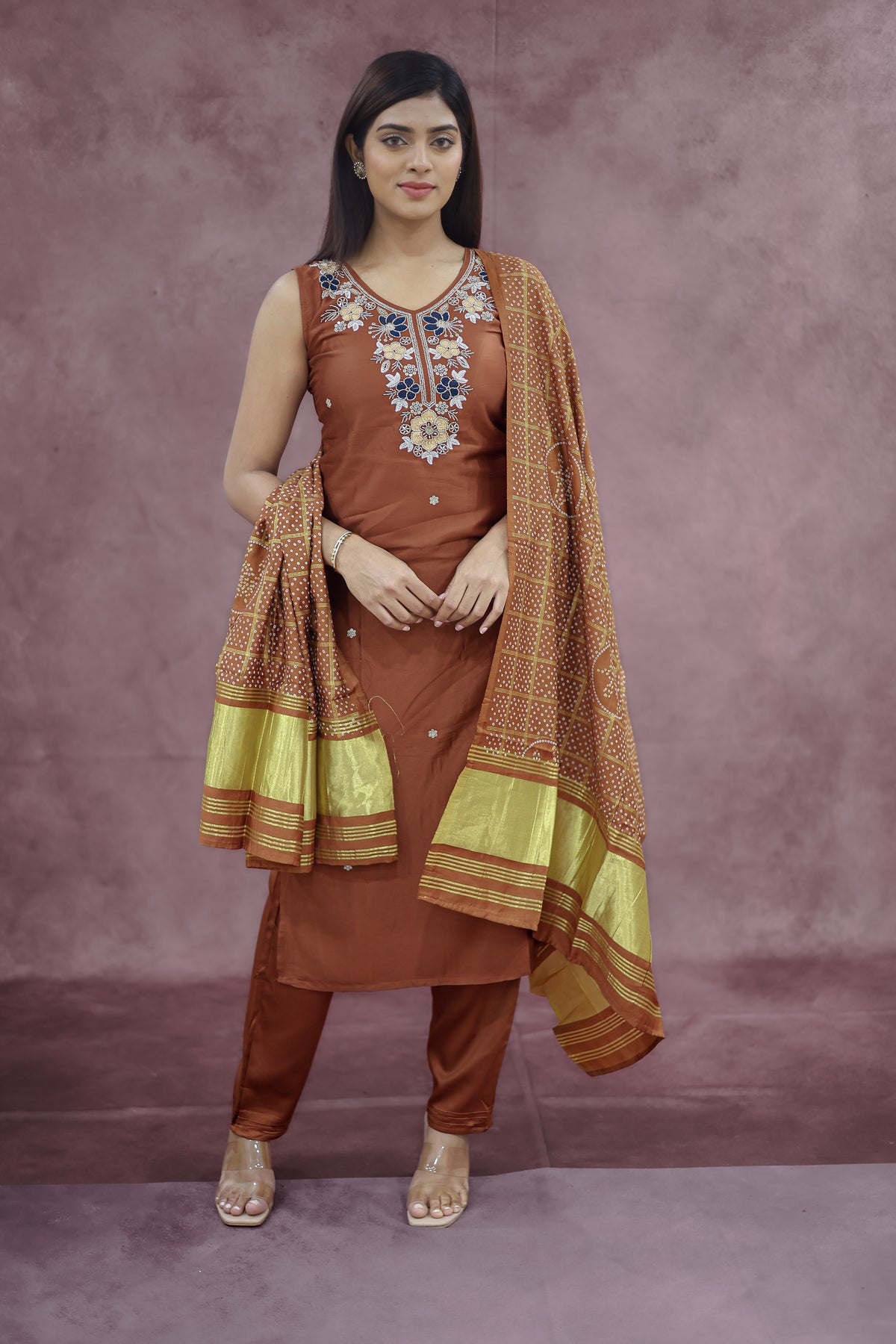 Rust Orange Cotton Sleeveless Kurta Pant Set with Dupatta - Ashoka Threads