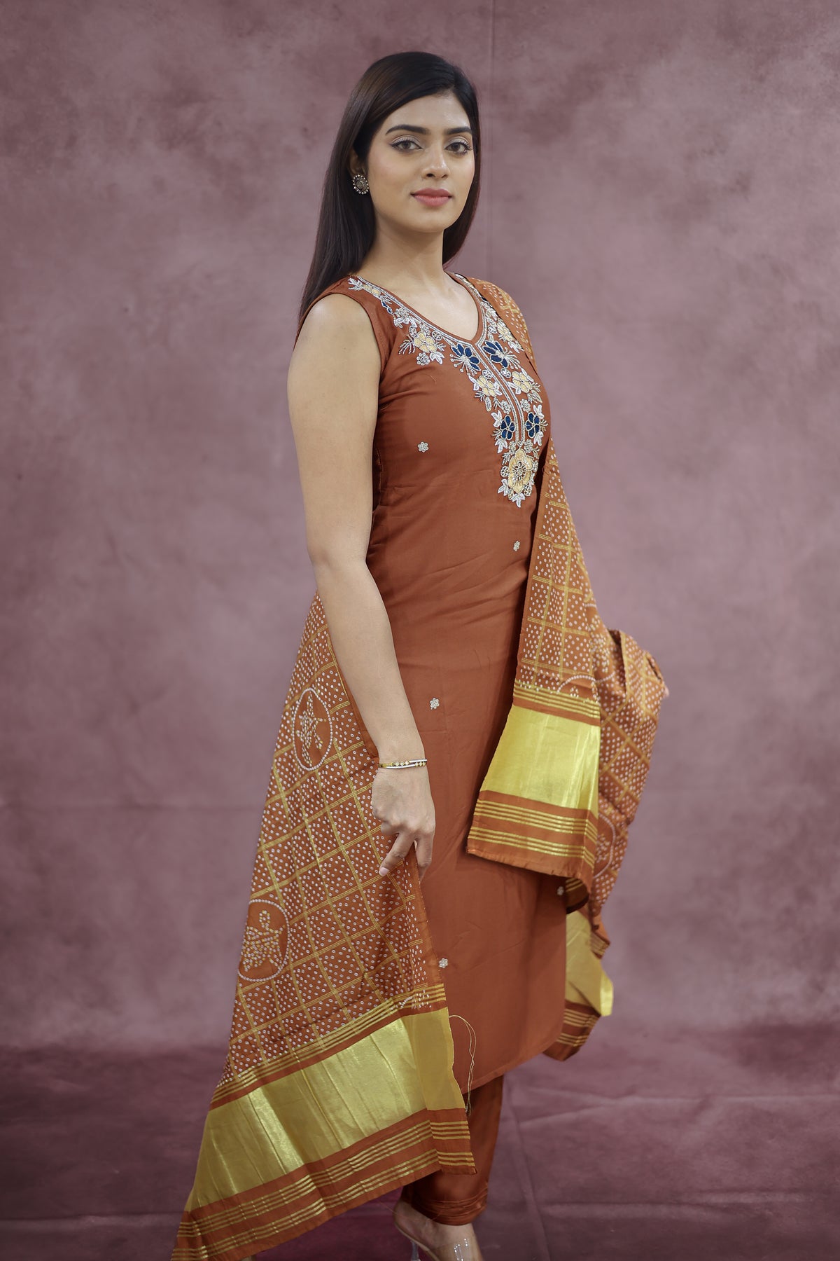 Rust Orange Cotton Sleeveless Kurta Pant Set with Dupatta - Ashoka Threads