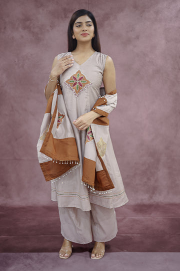 Light Peach Rust Brown Cotton Kurta Pant Set with Dupatta - Ashoka Threads