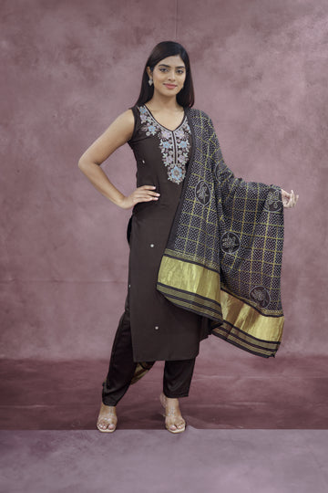 Dark Olive Brown Cotton Sleeveless Kurta Pant Set with Dupatta - Ashoka Threads