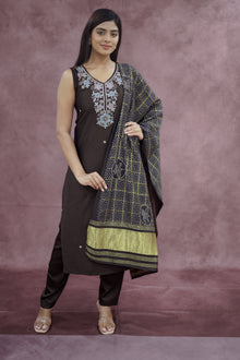 Dark Olive Brown Cotton Sleeveless Kurta Pant Set with Dupatta - Ashoka Threads