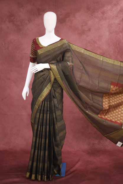 Soft Fancy Saree Dark Olive Brown Antique Gold Zari Border Maroon Pallu - Ashoka Threads