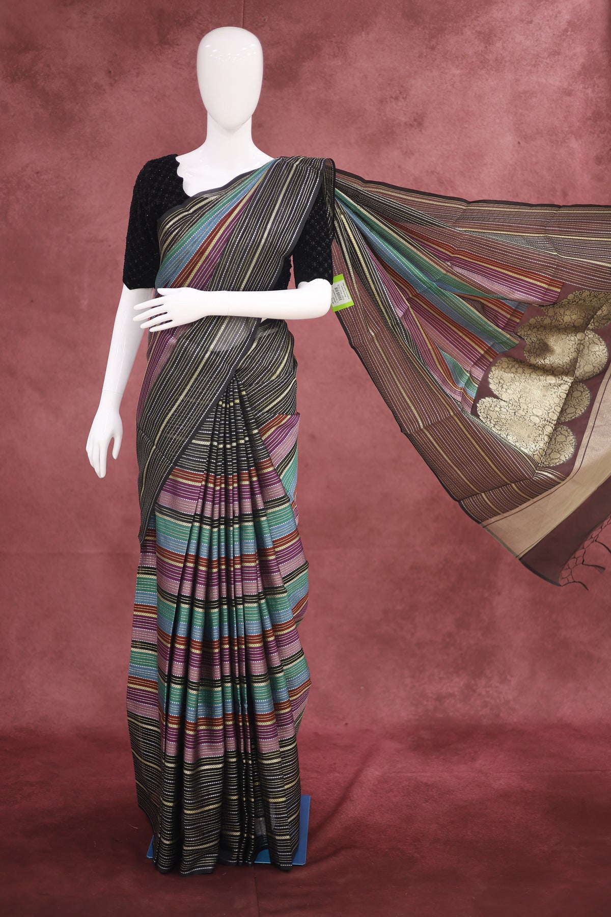 Soft Fancy Saree Black Multicolour Stripes Wine Gold Zari Pallu - Ashoka Threads
