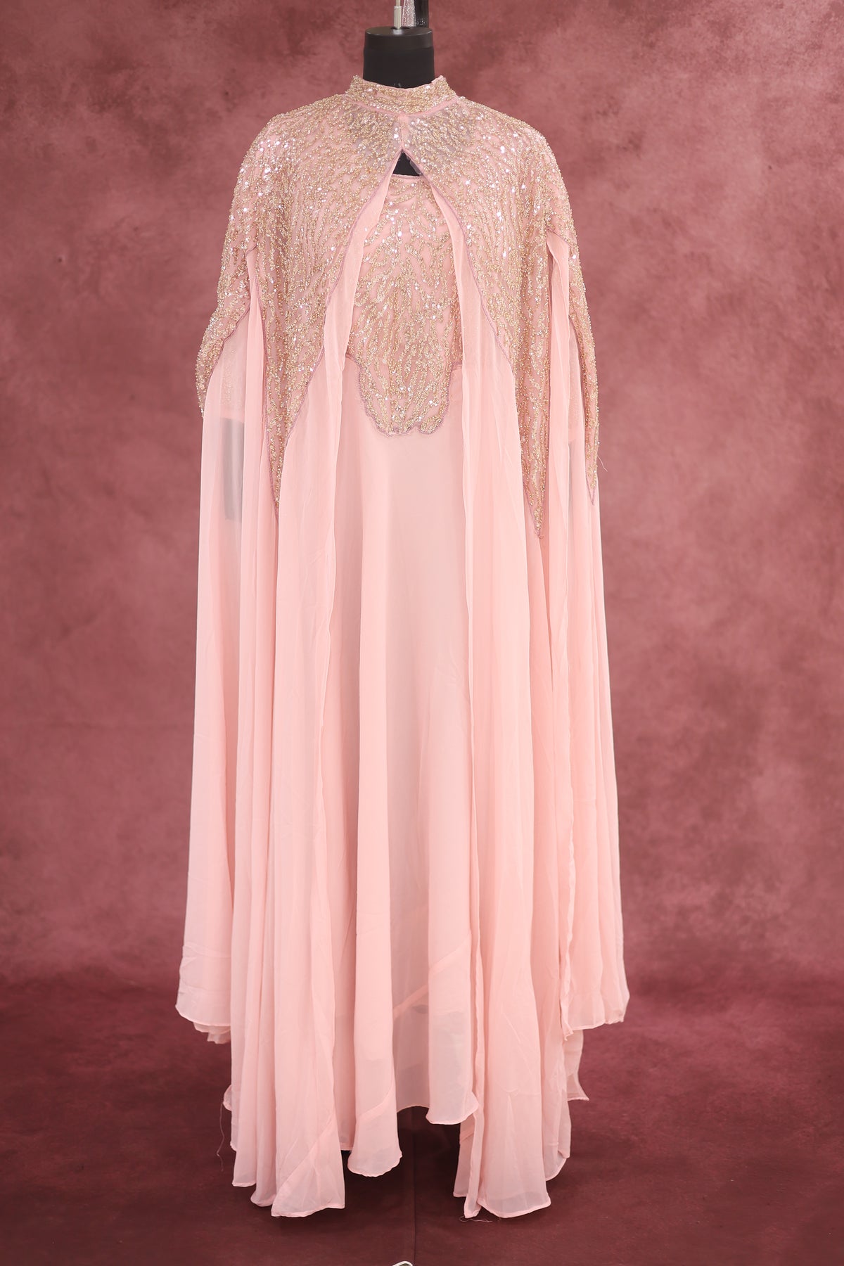 Blush Pink Embellished Georgette Arabic Cape Gown - Ashoka Threads