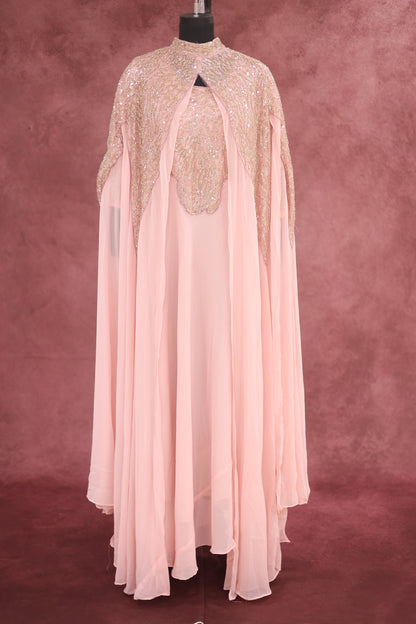 Blush Pink Embellished Georgette Arabic Cape Gown - Ashoka Threads