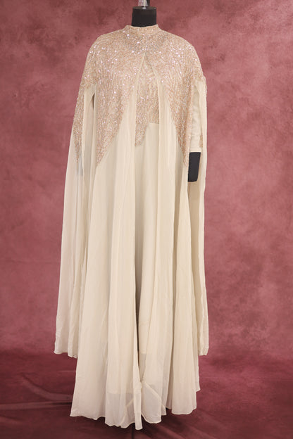 Ivory Cream Embellished Georgette Arabic Cape Gown - Ashoka Threads