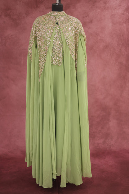 Pistachio Green Embellished Georgette Arabic Cape Gown - Ashoka Threads