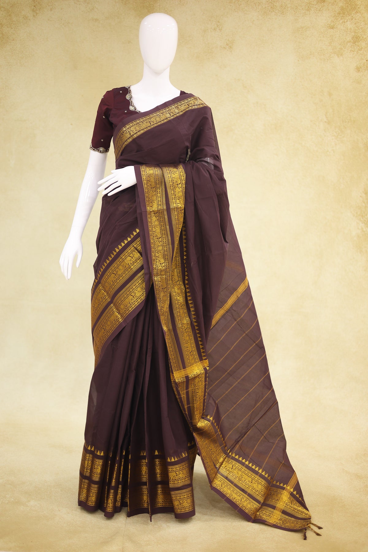 Chettinad Cotton Saree Deep Plum Antique Gold Temple Border - Ashoka Threads