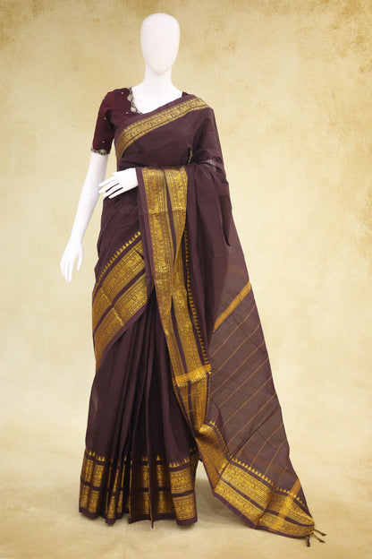 Chettinad Cotton Saree Deep Plum Antique Gold Temple Border - Ashoka Threads