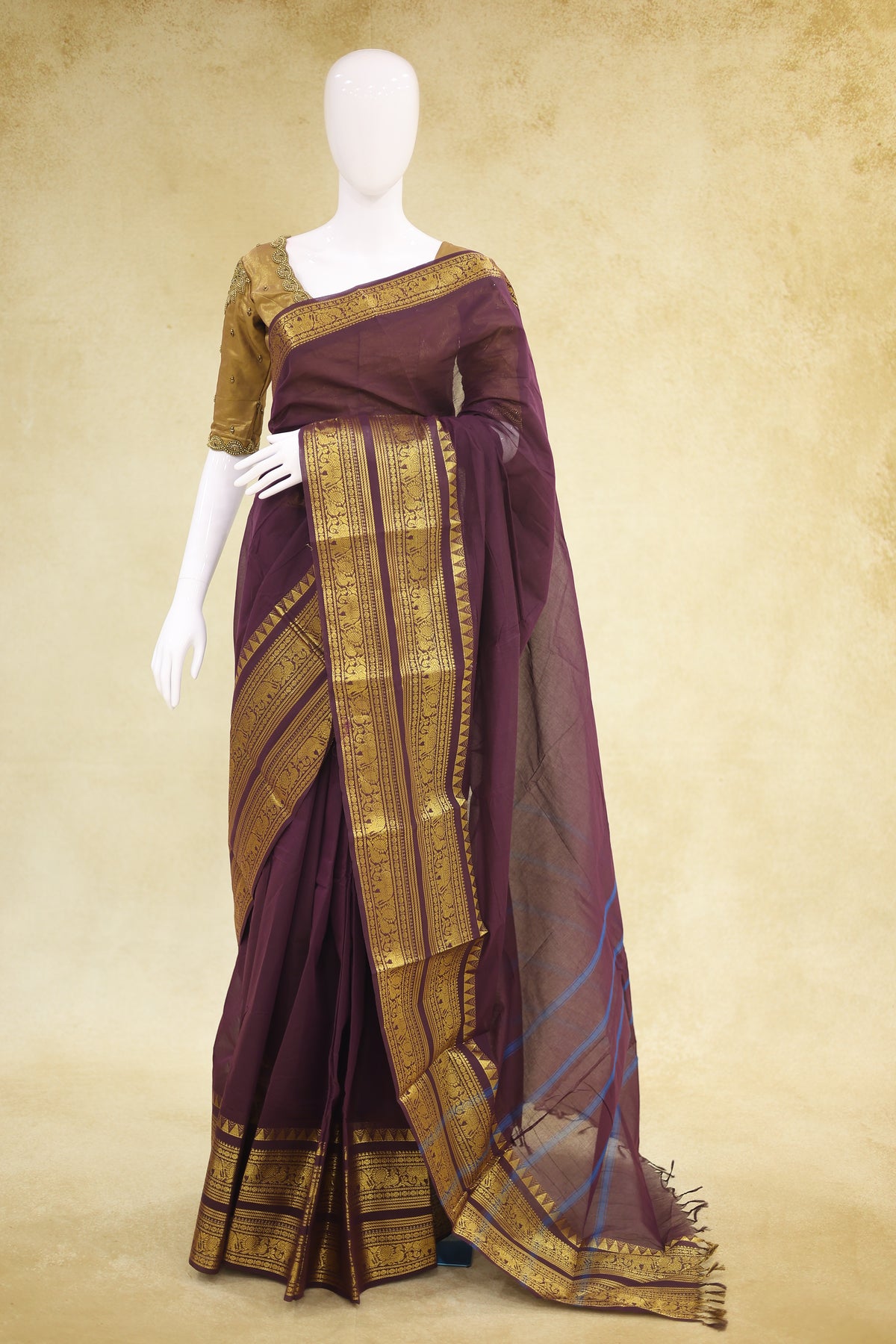 Chettinad Cotton Saree Wine Brown Antique Gold Peacock Border - Ashoka Threads