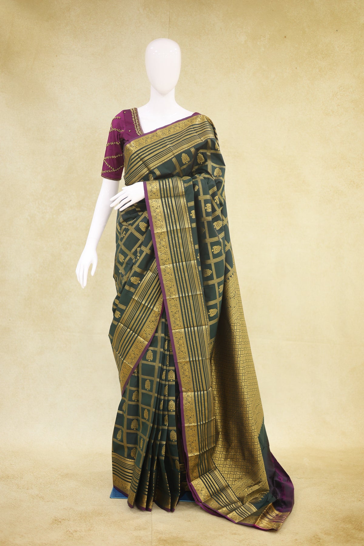 Kanchi with Arani Border Pattu Saree Deep Teal Green with Antique Gold Zari - Ashoka Threads