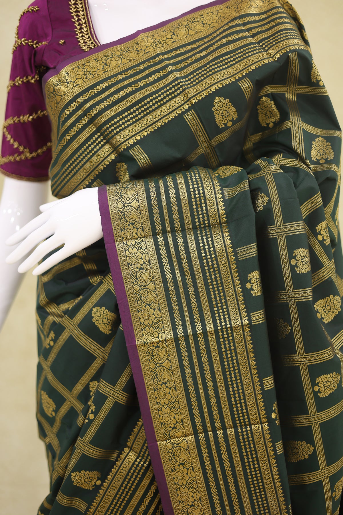 Kanchi with Arani Border Pattu Saree Deep Teal Green with Antique Gold Zari - Ashoka Threads