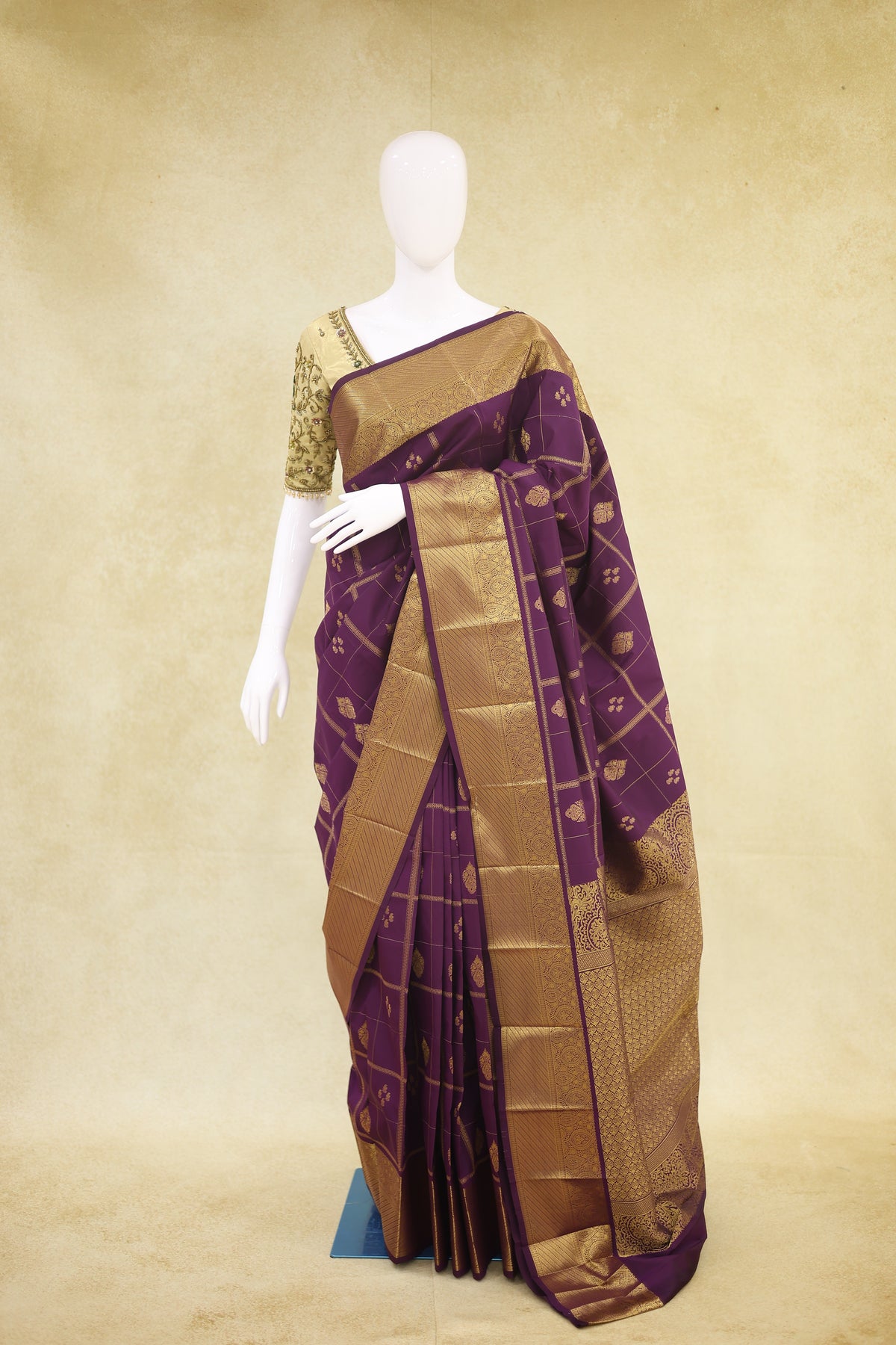 Kanchi with Arani Border Pattu Saree Magenta Purple with Antique Gold Zari - Ashoka Threads