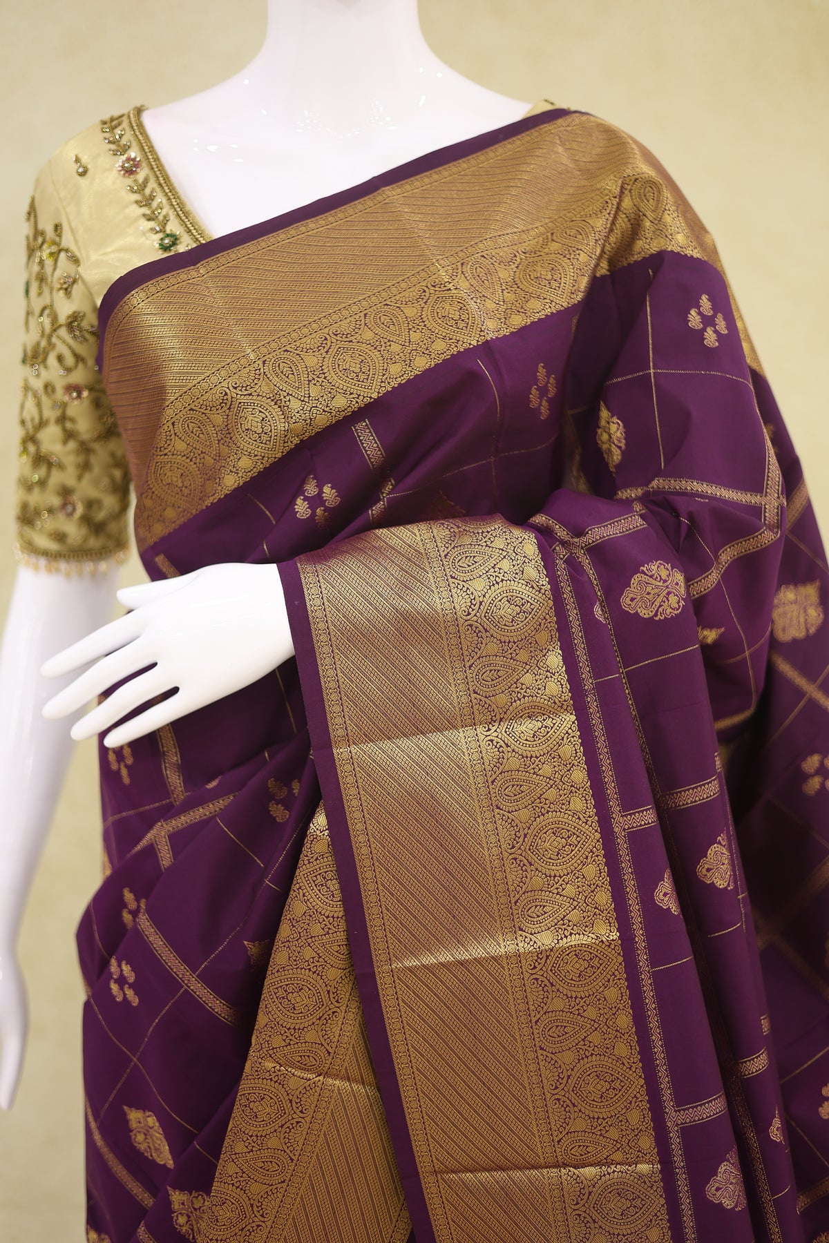 Kanchi with Arani Border Pattu Saree Magenta Purple with Antique Gold Zari - Ashoka Threads