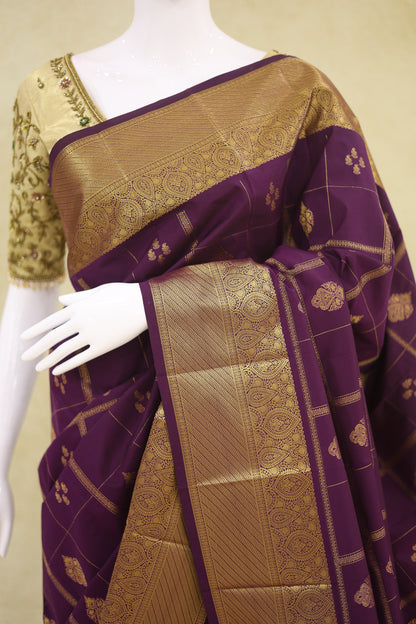 Kanchi with Arani Border Pattu Saree Magenta Purple with Antique Gold Zari - Ashoka Threads