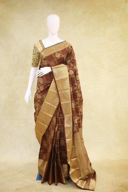 Kanchi with Arani Border Pattu Saree Rust Brown with Antique Gold Zari - Ashoka Threads