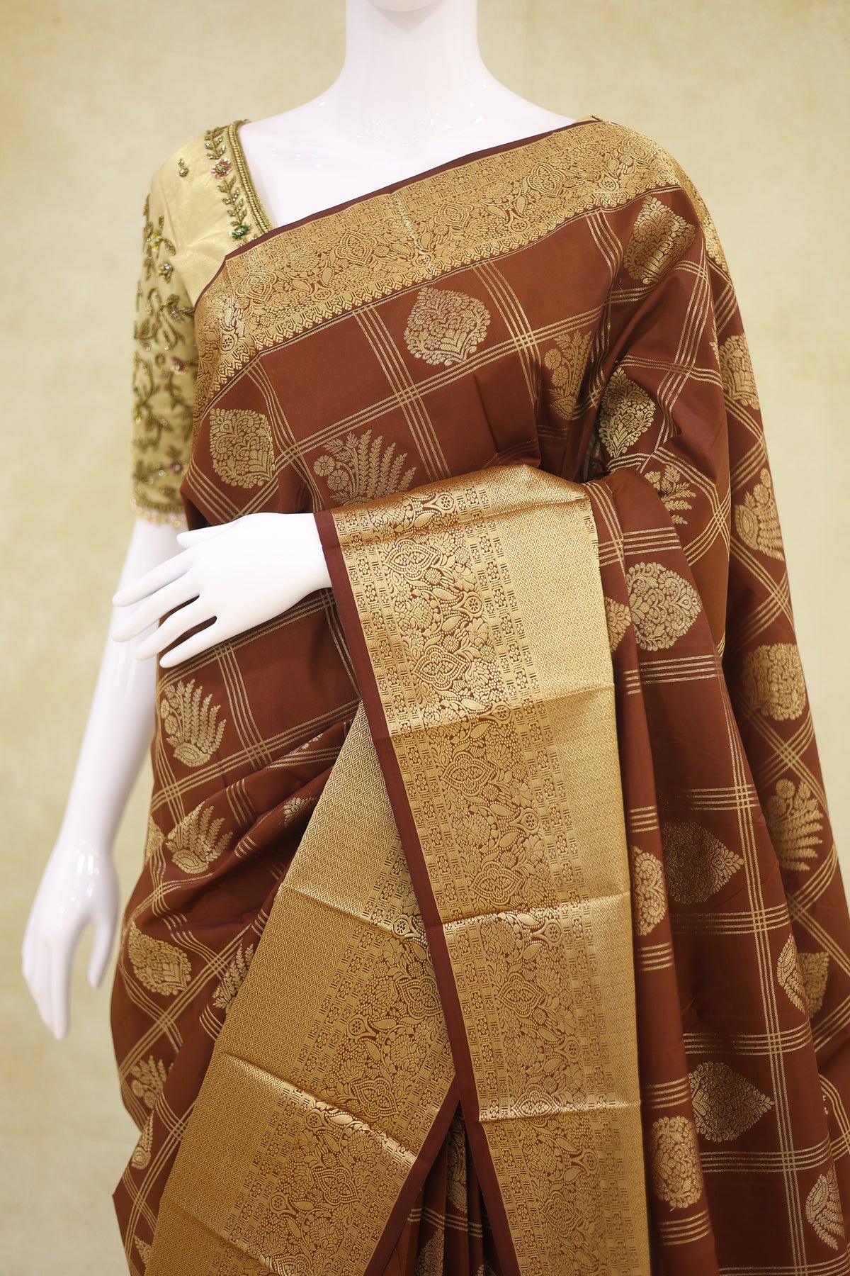 Kanchi with Arani Border Pattu Saree Rust Brown with Antique Gold Zari - Ashoka Threads