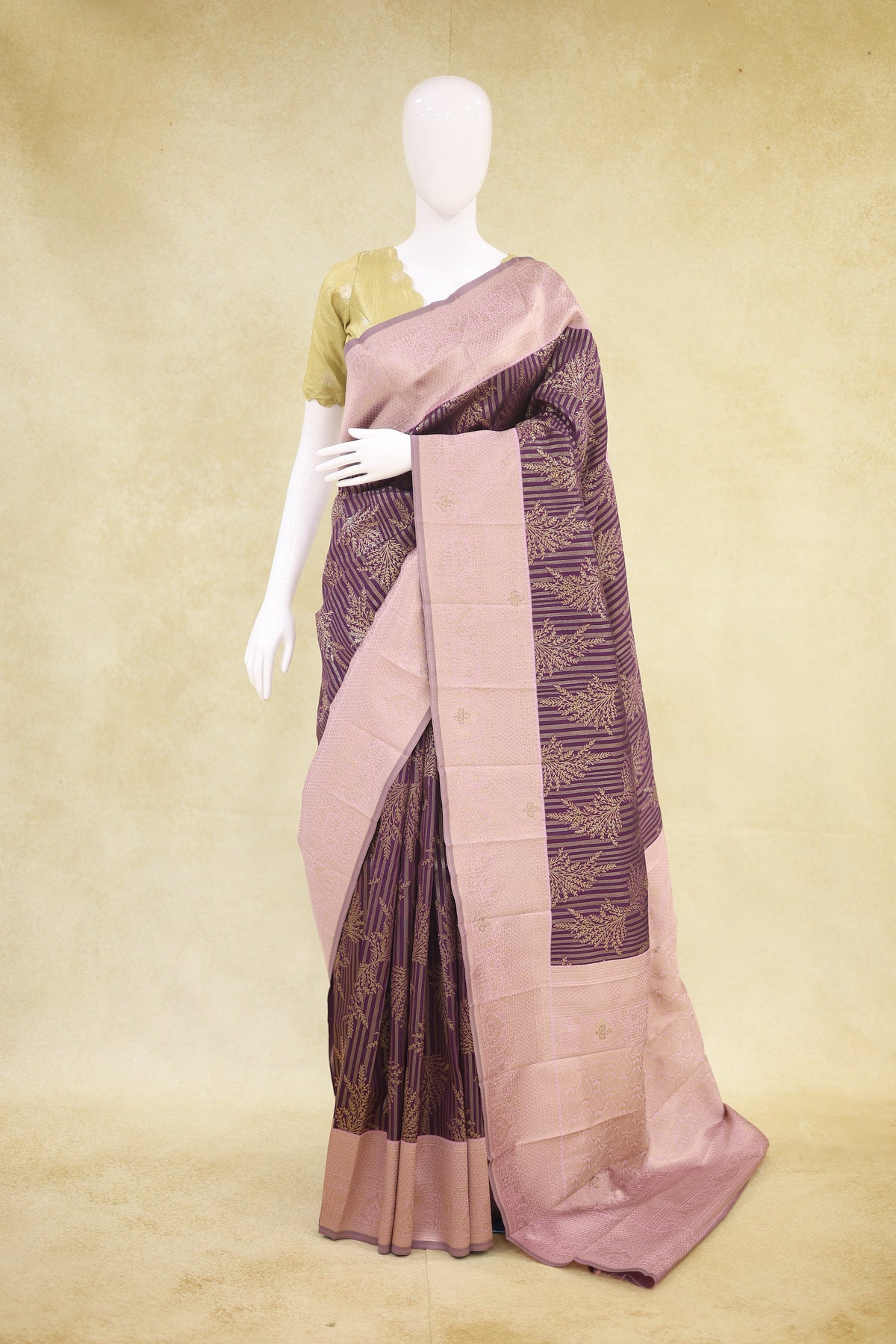 Soft Silk with Arani Border Stone Saree Royal Purple and Blush Pink - Ashoka Threads