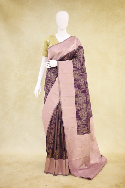 Soft Silk with Arani Border Stone Saree Royal Purple and Blush Pink - Ashoka Threads
