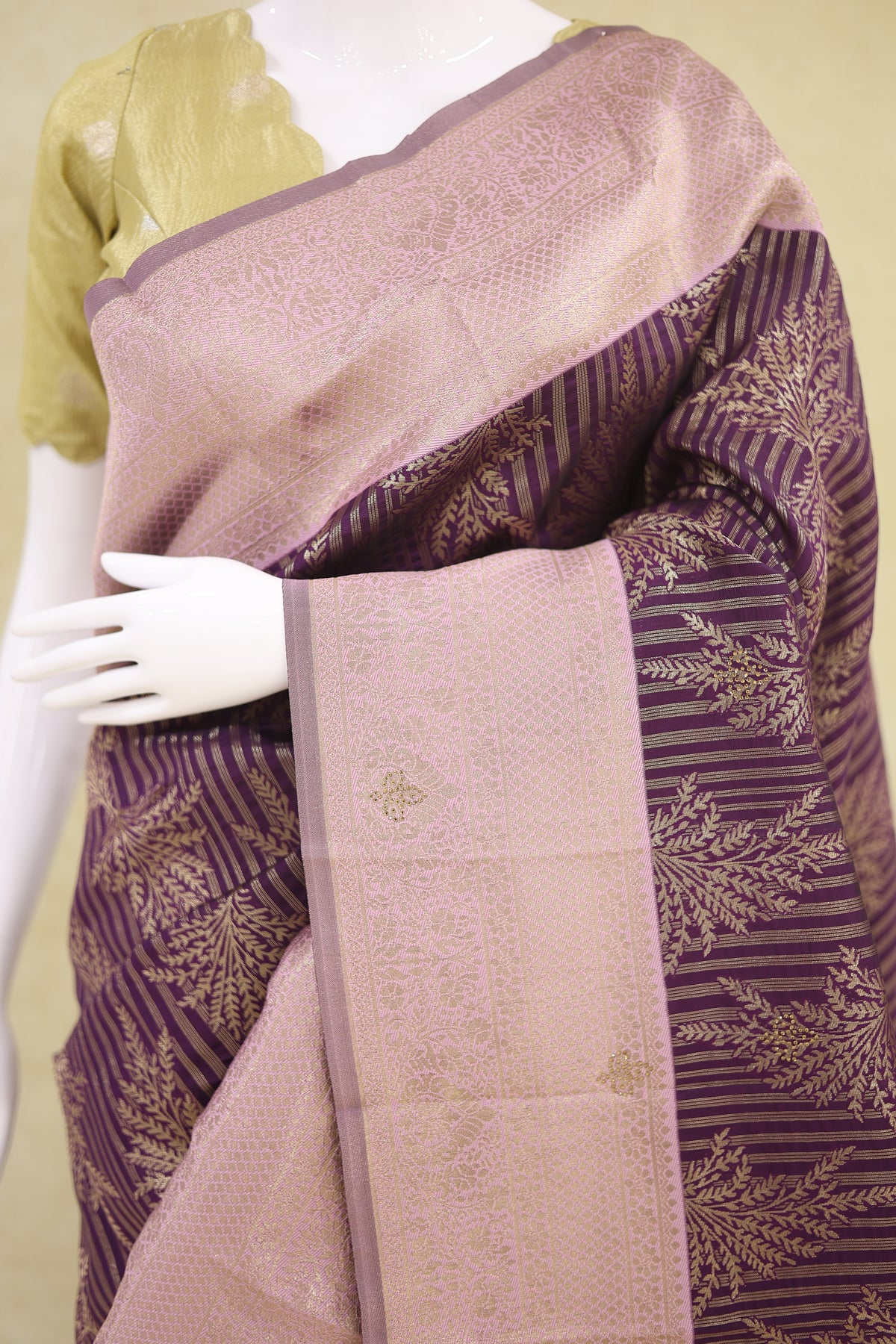 Soft Silk with Arani Border Stone Saree Royal Purple and Blush Pink - Ashoka Threads