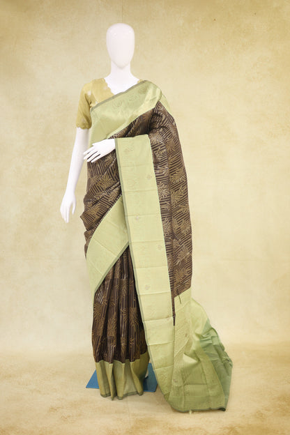 Soft Silk with Arani Border Stone Saree Dark Chocolate Brown - Ashoka Threads