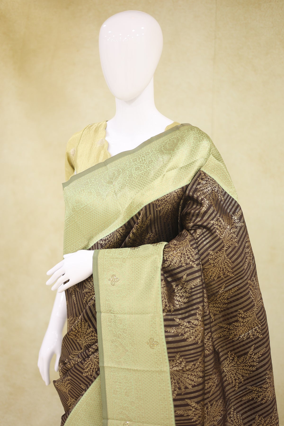 Soft Silk with Arani Border Stone Saree Dark Chocolate Brown - Ashoka Threads