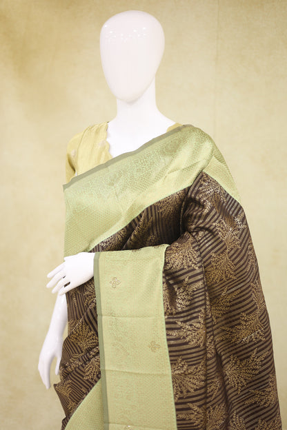 Soft Silk with Arani Border Stone Saree Dark Chocolate Brown - Ashoka Threads