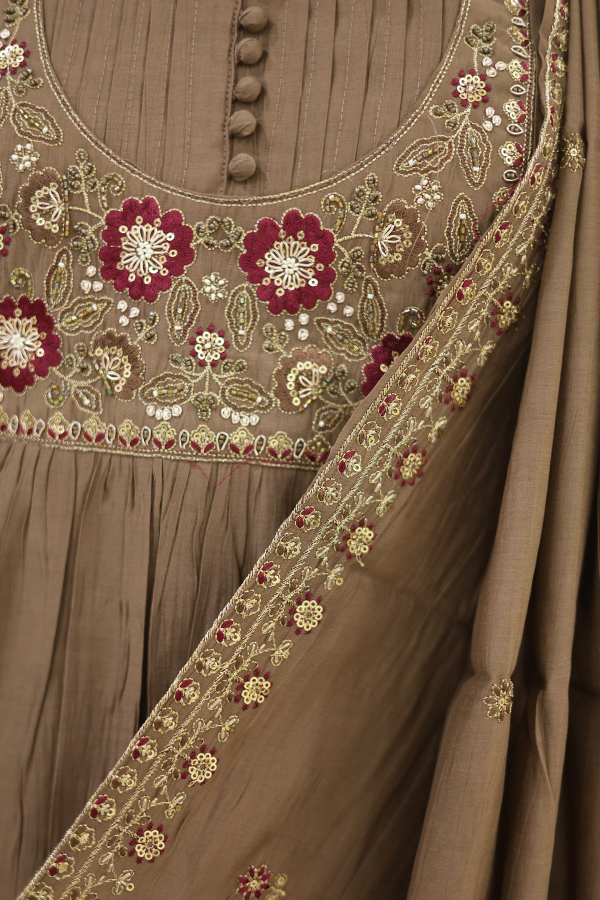 Taupe Brown Cotton Embroidered Kurta Pant Set with Dupatta - Ashoka Threads