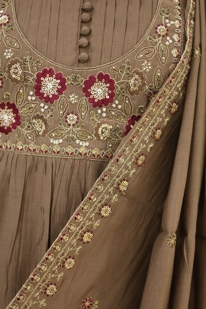 Taupe Brown Cotton Embroidered Kurta Pant Set with Dupatta - Ashoka Threads
