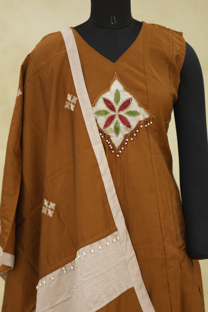 Rust Brown Cream Cotton Kurta Pant Set with Dupatta - Ashoka Threads