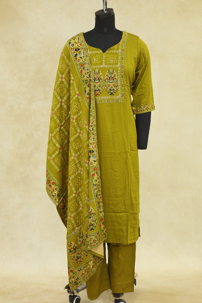 Mustard Yellow Cotton Embroidered Kurta Pant Set with Dupatta - Ashoka Threads
