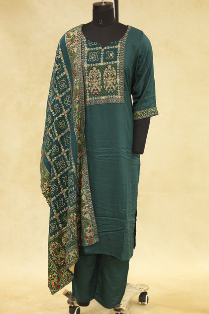 Deep Teal Green Cotton Embroidered Kurta Pant Set with Dupatta - Ashoka Threads