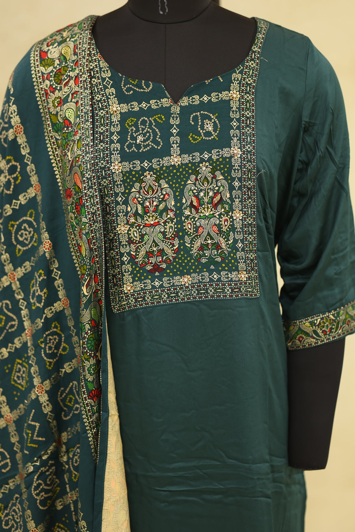 Deep Teal Green Cotton Embroidered Kurta Pant Set with Dupatta - Ashoka Threads