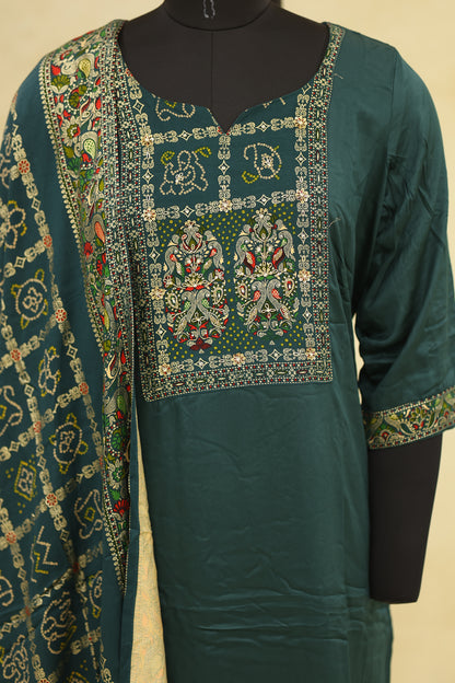 Deep Teal Green Cotton Embroidered Kurta Pant Set with Dupatta - Ashoka Threads