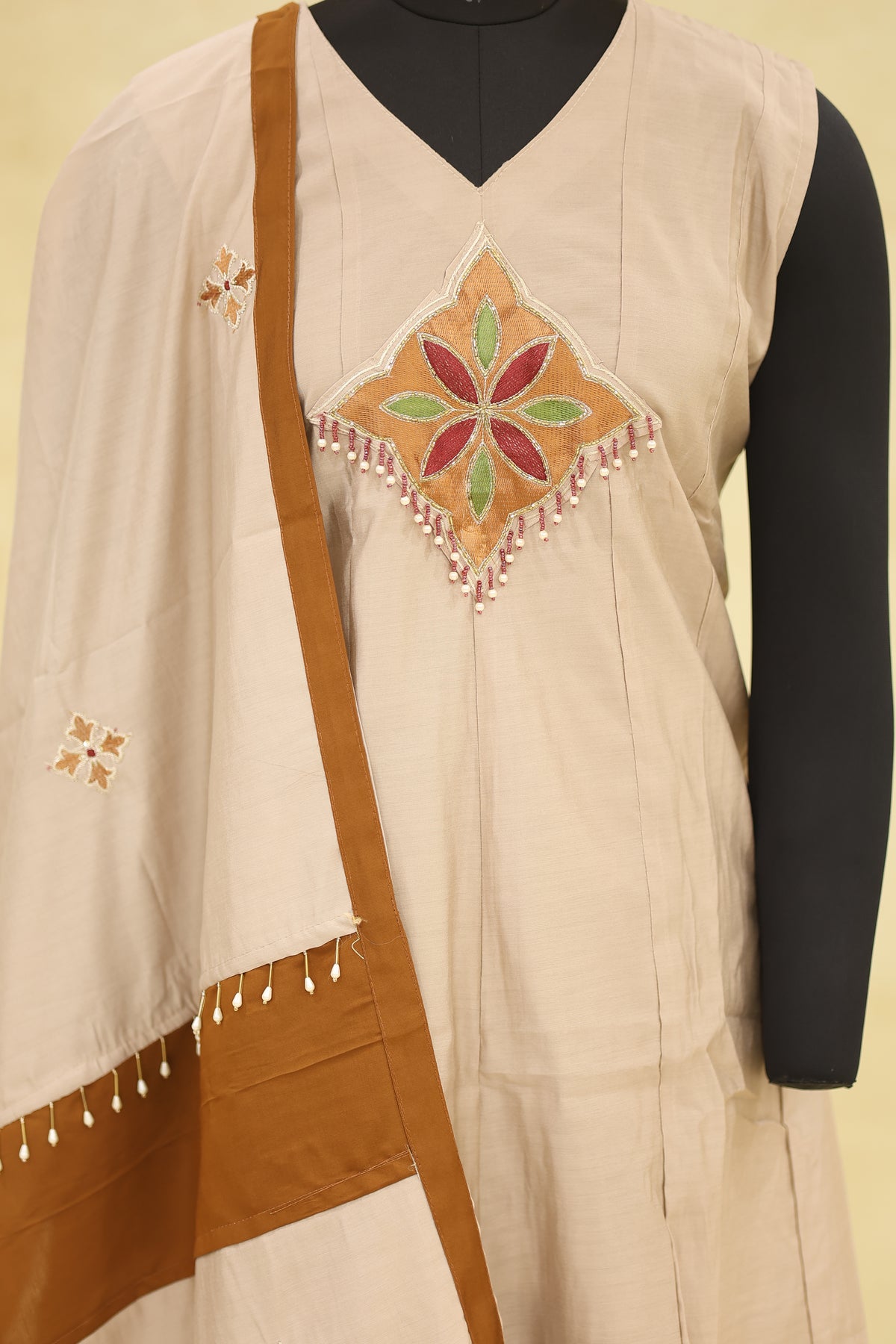 Light Peach Rust Brown Cotton Kurta Pant Set with Dupatta - Ashoka Threads