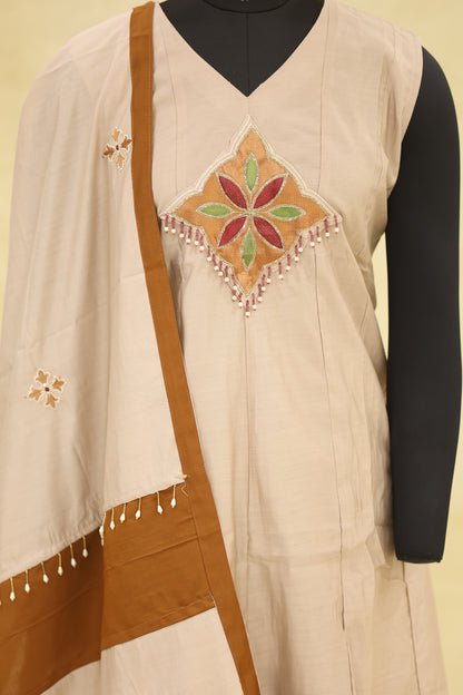 Light Peach Rust Brown Cotton Kurta Pant Set with Dupatta - Ashoka Threads