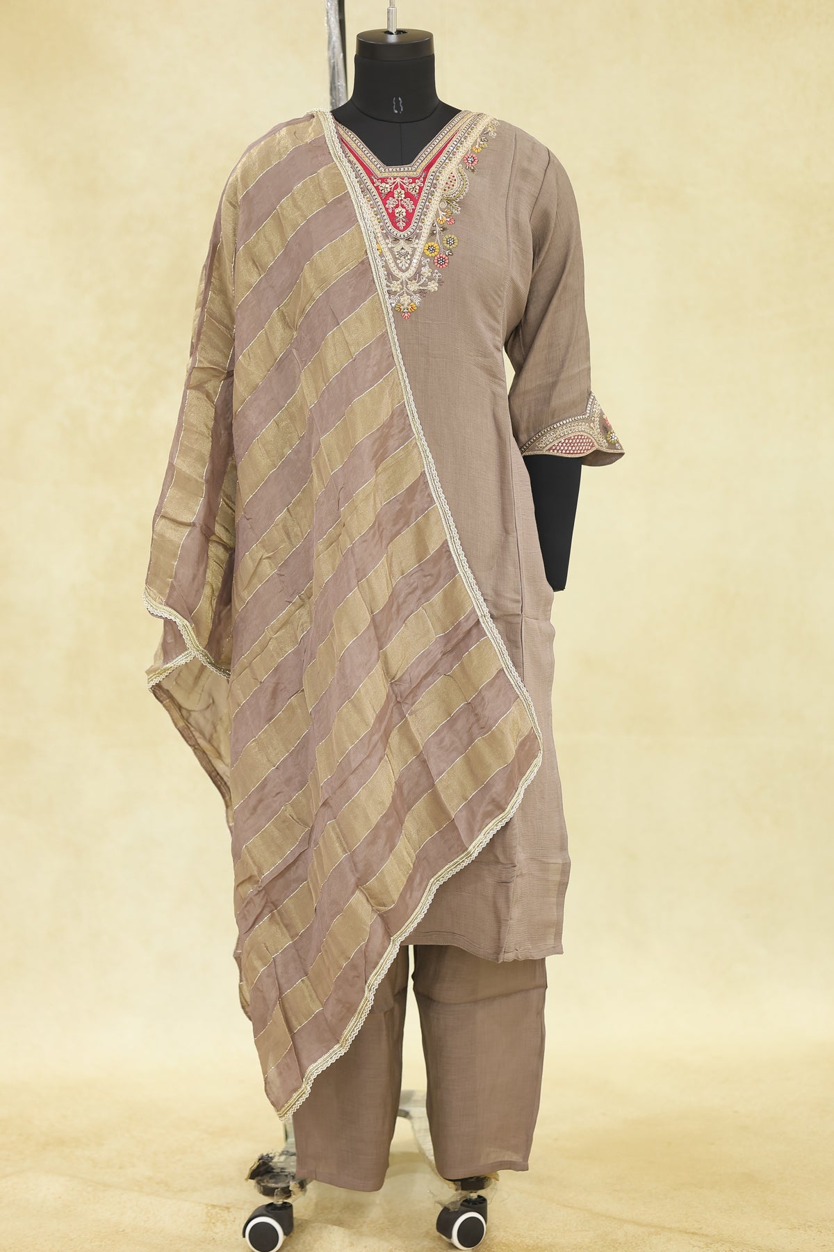 Taupe Brown Cotton Kurta Pant Set with Dupatta - Ashoka Threads