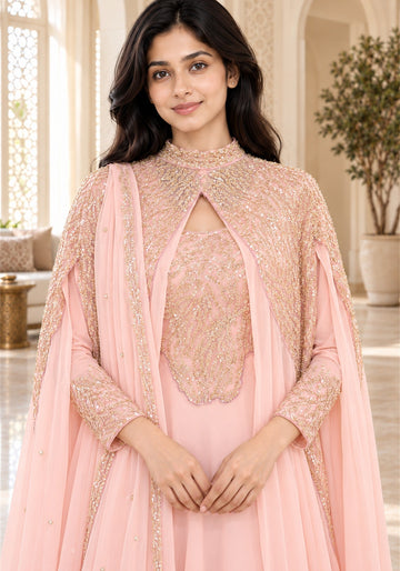 Blush Pink Embellished Georgette Arabic Cape Gown - Ashoka Threads
