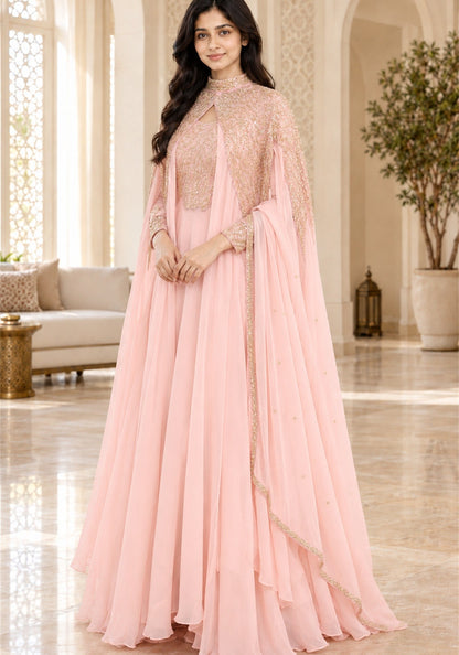 Blush Pink Embellished Georgette Arabic Cape Gown - Ashoka Threads