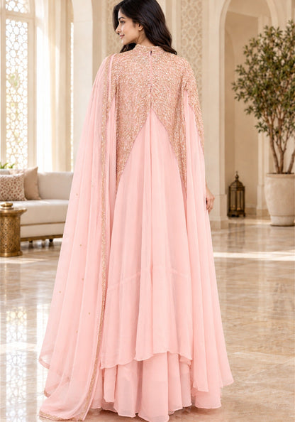 Blush Pink Embellished Georgette Arabic Cape Gown - Ashoka Threads