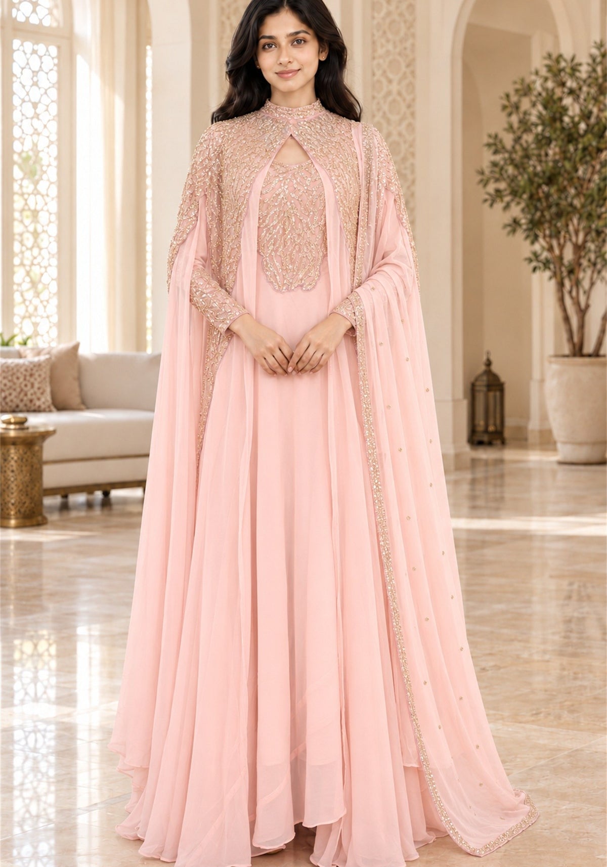 Blush Pink Embellished Georgette Arabic Cape Gown - Ashoka Threads