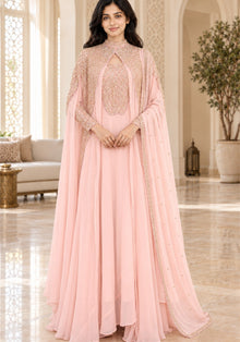 Blush Pink Embellished Georgette Arabic Cape Gown - Ashoka Threads