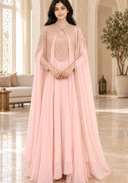 Blush Pink Embellished Georgette Arabic Cape Gown - Ashoka Threads