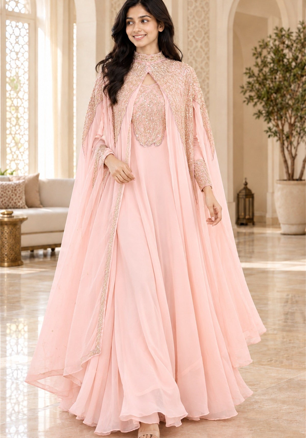 Blush Pink Embellished Georgette Arabic Cape Gown - Ashoka Threads