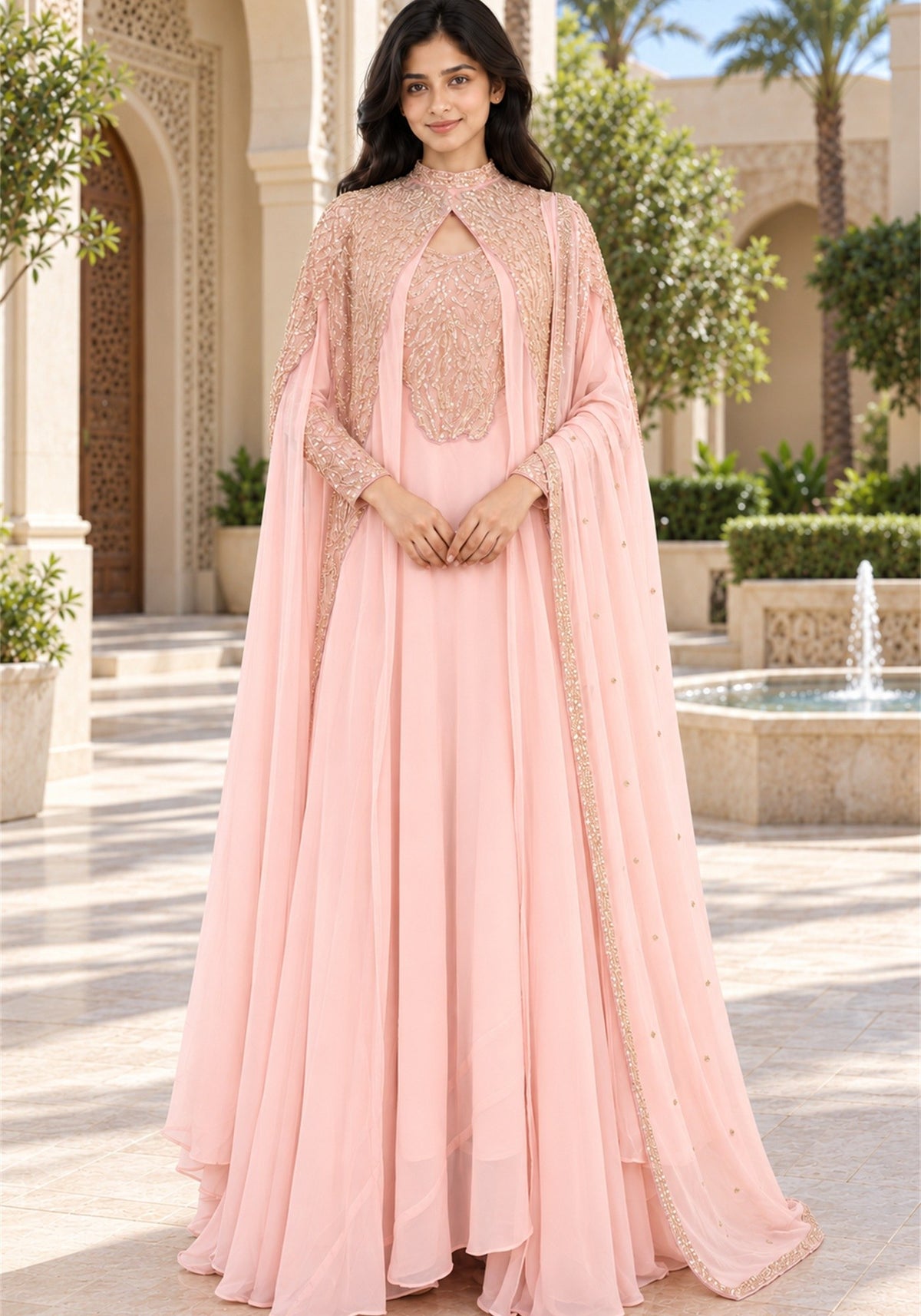 Blush Pink Embellished Georgette Arabic Cape Gown - Ashoka Threads