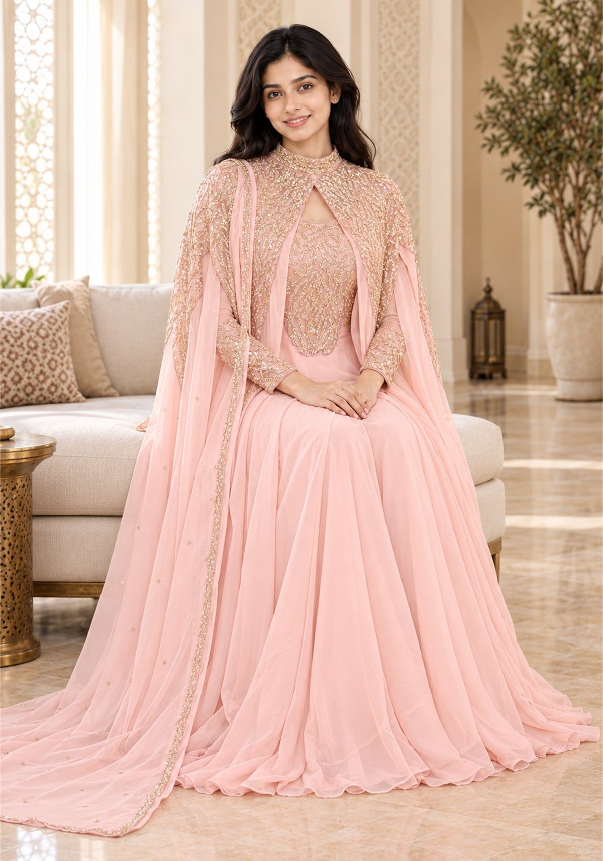 Blush Pink Embellished Georgette Arabic Cape Gown - Ashoka Threads
